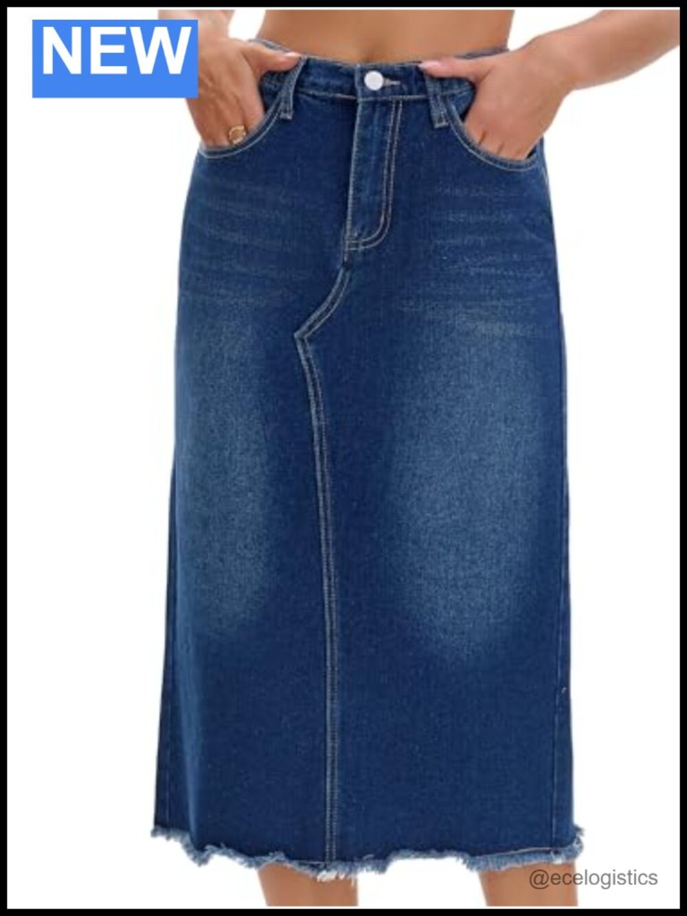Womens High Waist Midi Denim Skirt Elastic Back Slit Pocket